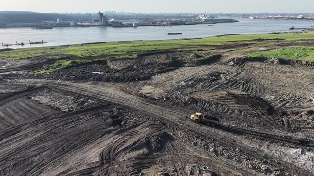 Rainham Landfill site Essex UK River Thames in background drone,aerial