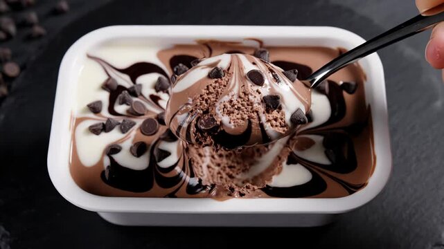 A white bowl filled with chocolate and vanilla ice cream topped with chocolate chips
