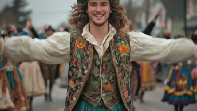 Young caucasian man joyfully celebrating in festive parade with vibrant attire. Saint Patrick's Day, St Paddy's Day, St Patty's Day - Irish National Holiday and Cultural Celebration