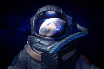 Fototapeta premium Astronaut in space. Celestial objects reflecting in helmet of his spacesuit
