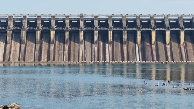 Long view of a large hydroelectric dam with multiple spillway gates while small streams of water flow into the calm river below under clear daylight.
