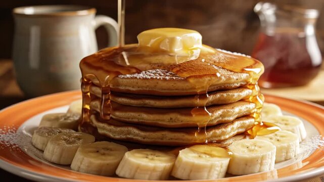 A stack of pancakes with butter and syrup being poured on top surrounded by sliced bananas on a plate