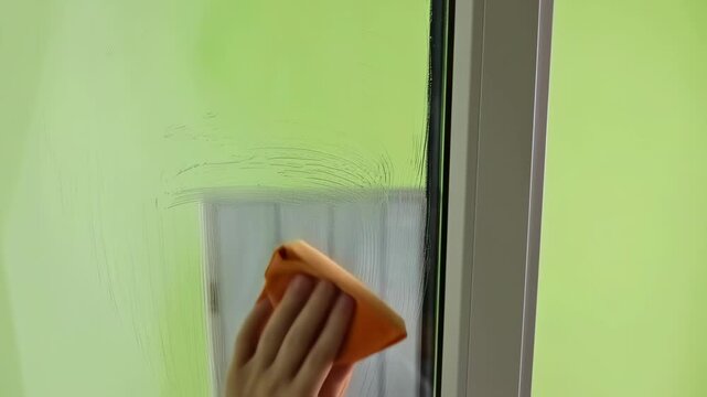 Hand wiping window with an orange cloth on green wall