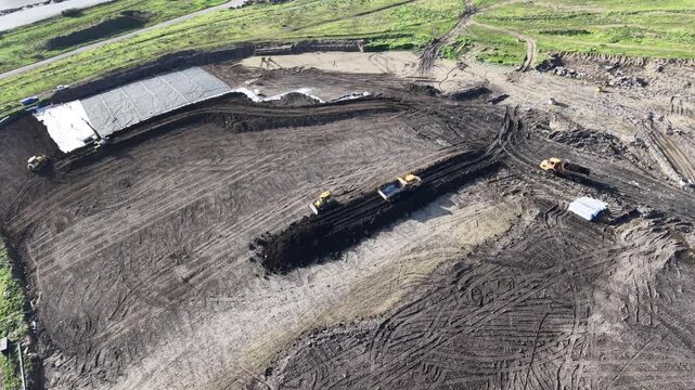 Overhead birds eye drone aerial view Rainham Landfill site Essex UK drone,aerial