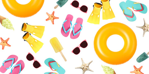 Summer seamless pattern of different seasonal objects on white background. Banner design © New Africa