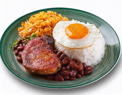 prato com tutu de feijao acompanhado de arroz branco ovo frito bisteca de porco grelhada e couve refogada com alho isolado em fundo transparente delicioso virado a paulista