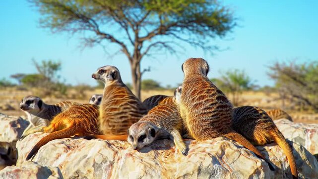Group of mongooses on a rock.