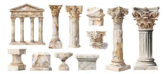 Watercolor ancient Greek columns and temple elements. Hand-drawn Mediterranean architecture with vintage pillar designs, antique statues, and classical mythology symbols. © Narin