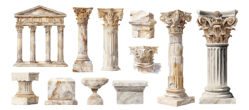 Watercolor ancient Greek columns and temple elements. Hand-drawn Mediterranean architecture with vintage pillar designs, antique statues, and classical mythology symbols.