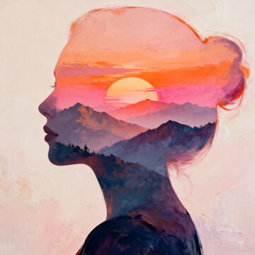 Human silhouette filled with mountain landscape symbolizing inner world and self discovery