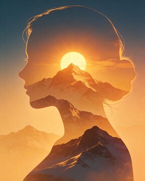 Human profile filled with mountain sunrise symbolizing awakening consciousness and inner transformation
