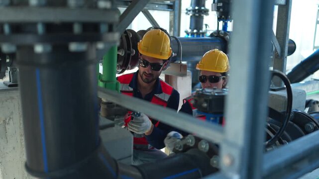 Both of engineers inspecting industrial pipeline and valve systems on a building rooftop, representing modern infrastructure and energy management
