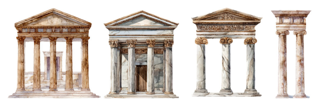 Hand-drawn vintage Mediterranean temple pillars and classical statues. Bohemian decorative frames with Doric architecture, mythological symbols, and Athens-inspired marble elements.
