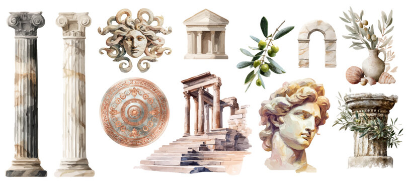 Ancient Greek columns and Roman architecture in watercolor style. Mediterranean antique elements with olive branches, vases, and classical pillar designs.