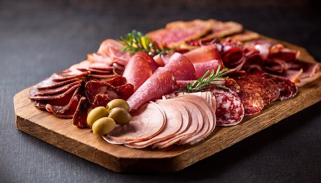cold cut sliced deli meats on charcuterie board