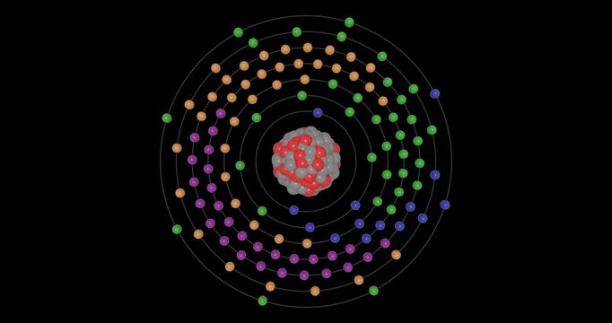 3D animation of Oganesson (Og) atom in the Bohr model with electron orbits, nucleus, protons and neutrons, energy levels in seamless loop on transparent background. Ideal for STEM education visuals