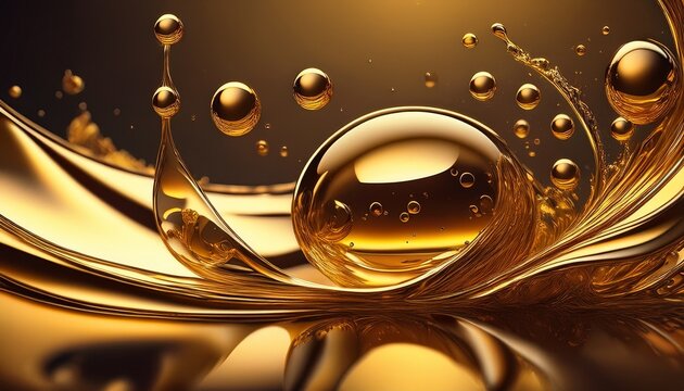 golden liquid drops and bubbles isolated on background