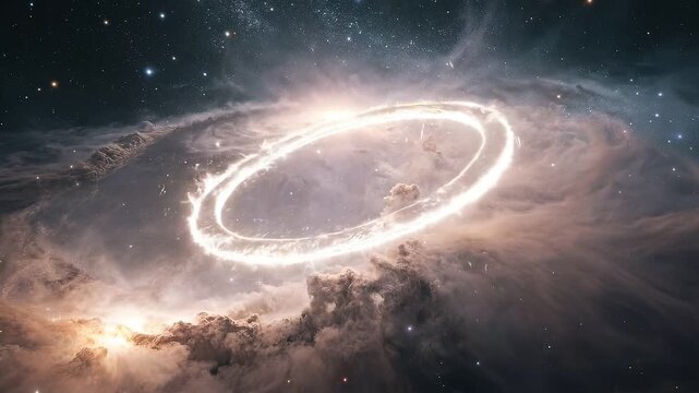 Empty rotating frame with neon circle animation concept. Bright glowing galaxy with stars and cosmic dust in deep space universe background