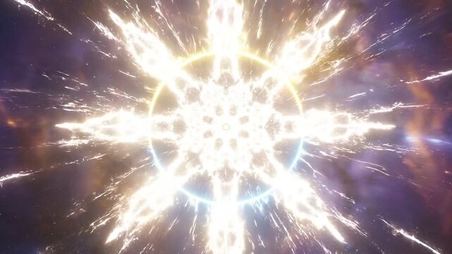 Empty rotating frame with neon circle animation concept. Abstract cosmic energy circle with glowing electric blue and golden light in deep space background