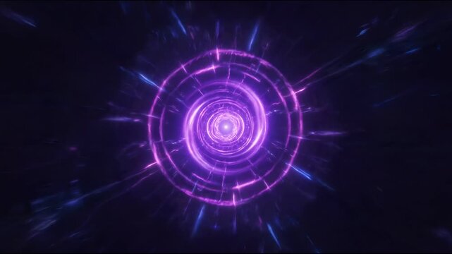 Empty rotating frame with neon circle animation concept. Abstract glowing purple vortex tunnel with circular light rings and futuristic digital effect