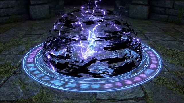 Empty rotating frame with neon circle animation concept. Glowing magical protective shield with mystical runes and fiery energy on ancient stone floor