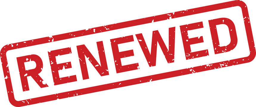 Distressed red rubber stamp displaying the word RENEWED on a clean white surface, signifying a fresh start