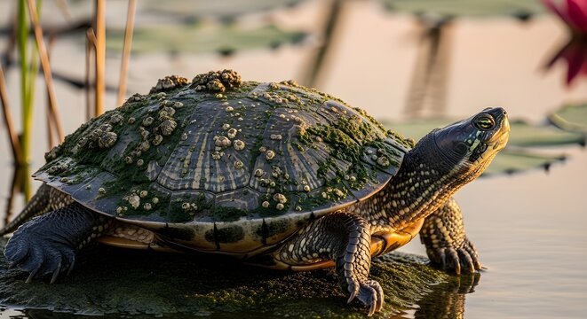 Wild freshwater turtle climbing from pond water onto wooden surface while evening light highlights shell patterns.