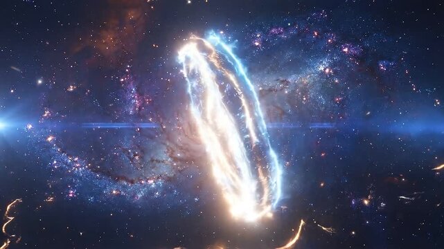 Empty rotating frame with neon circle animation concept. Stunning glowing spiral galaxy with cosmic stars and vibrant space nebula in deep universe