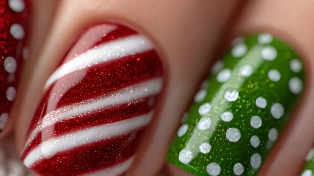 Christmas nail art designs closeup.