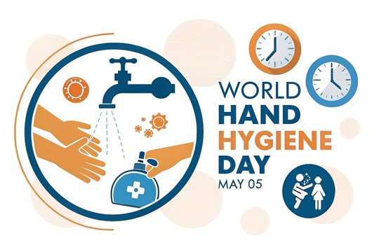 Commemorative graphic design celebrating world hand hygiene day on may fifth promoting cleanliness through washing and sanitizing to prevent germ spread