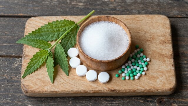 Various natural and artificial sweeteners displayed on a rustic wooden board with fresh green leaves.