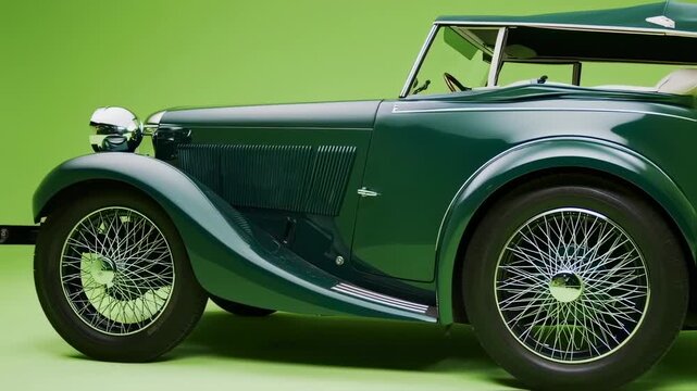 A classic dark green convertible car with spoked wheels against a green backdrop