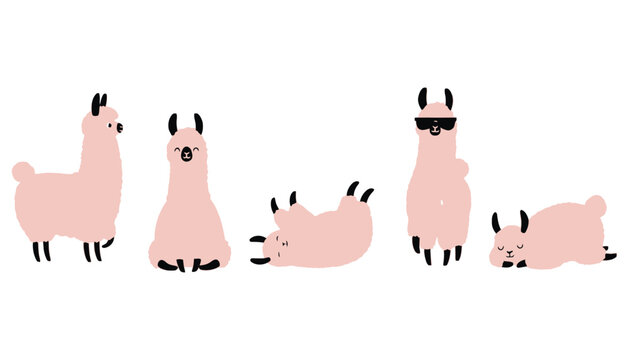 Llama illustration set with various poses and expressions on white background