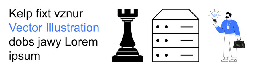 Strategy, technology infrastructure, innovation, teamwork, data solutions, business growth. Chess rook, server and businessman with lightbulb idea. s strategy and technology infrastructure concepts © robu_s