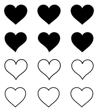 Heart shape icon set featuring solid and outline love symbols arranged in a grid. Simple romantic heart collection ideal for valentine, wedding, romance, greeting card, relationship and anniversary th