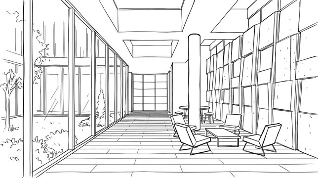Technical one-point perspective sketch of a minimalist architectural lounge featuring rhythmic concrete panels, a glass atrium, and contemporary seating.