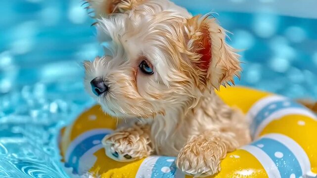 Cute Puppy Swimming in Pool Water.