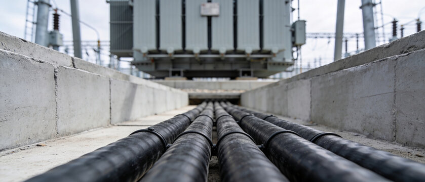 Electrical substation with high voltage power transformer and underground cable lines. Industrial facility for energy distribution and power supply. Infrastructure for electricity grid grid.