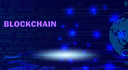 Blockchain technology concept illustration with glowing text, digital binary code, and a global network sphere on a dark blue background, ideal for cryptocurrency and data security designs.