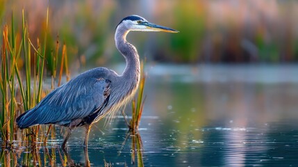 Naklejka premium Majestic great blue heron in tranquil wetland at dawn