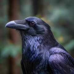 Obraz premium Majestic raven headshot: detailed black feathers and intense gaze against a natural woodland backdrop