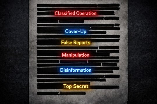 Classified documents with redacted text and neon highlights of sensitive information