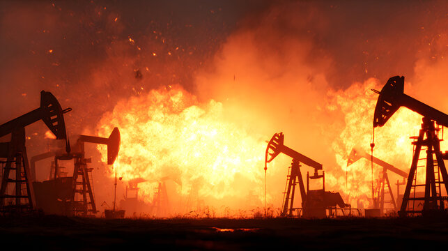 The war with Iran resulted in a dramatic 3D render concept that depicts oil pump jacks silhouetted against massive explosions and fires at an oil field.