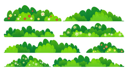 Naklejka premium Green bush and grass elements set with flowers isolated on white background. Vector cartoon illustration of garden plants and shrubs for spring park scenes, blooming garden, decorative field details