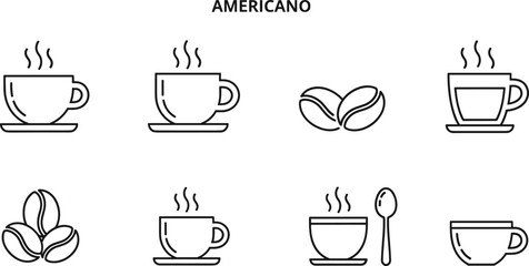 Americano coffee cup and bean icon set with steaming mugs, spoon, and saucer isolated on white background vector illustration.
