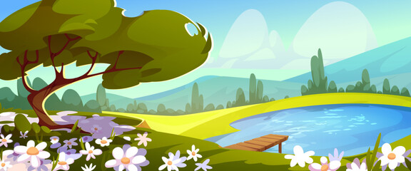 Naklejka premium Spring green grass meadow landscape with blooming flowers, forest hills, and pond with wooden pier, cartoon vector background. Mountains valley with daisies, blue sky and fluffy clouds