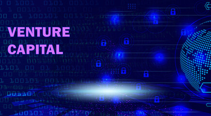 Obraz premium Venture Capital text on a dark blue digital background with binary code, glowing globe, and padlock icons, representing secure financial investment and global business technology