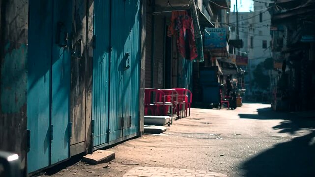 An evocative glimpse into a sun-drenched, narrow street in a historic quarter, where worn facades and vibrant blue doors tell stories of time and daily existence