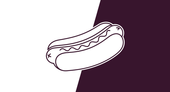 Simple line art hot dog illustration with condiment on a bun. Minimalist fast food graphic on a split white and purple background.