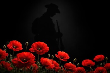 Obraz premium Anzac Day remembrance with silhouette soldier and red poppies in dark background